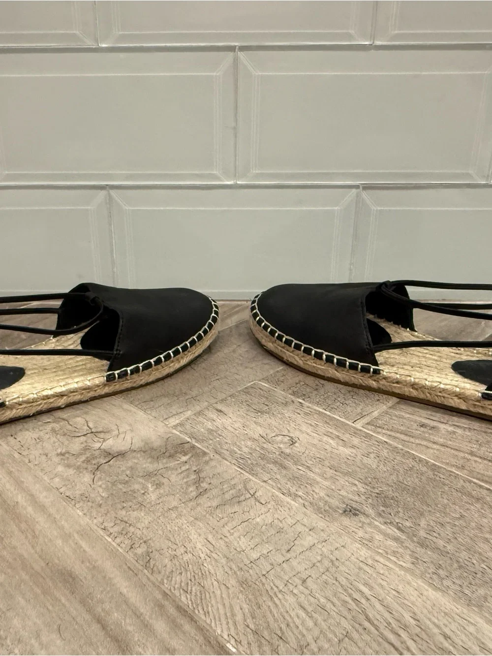 Eileen Fisher Black Leather Espadrille Flats with Elastic Ankle Strap